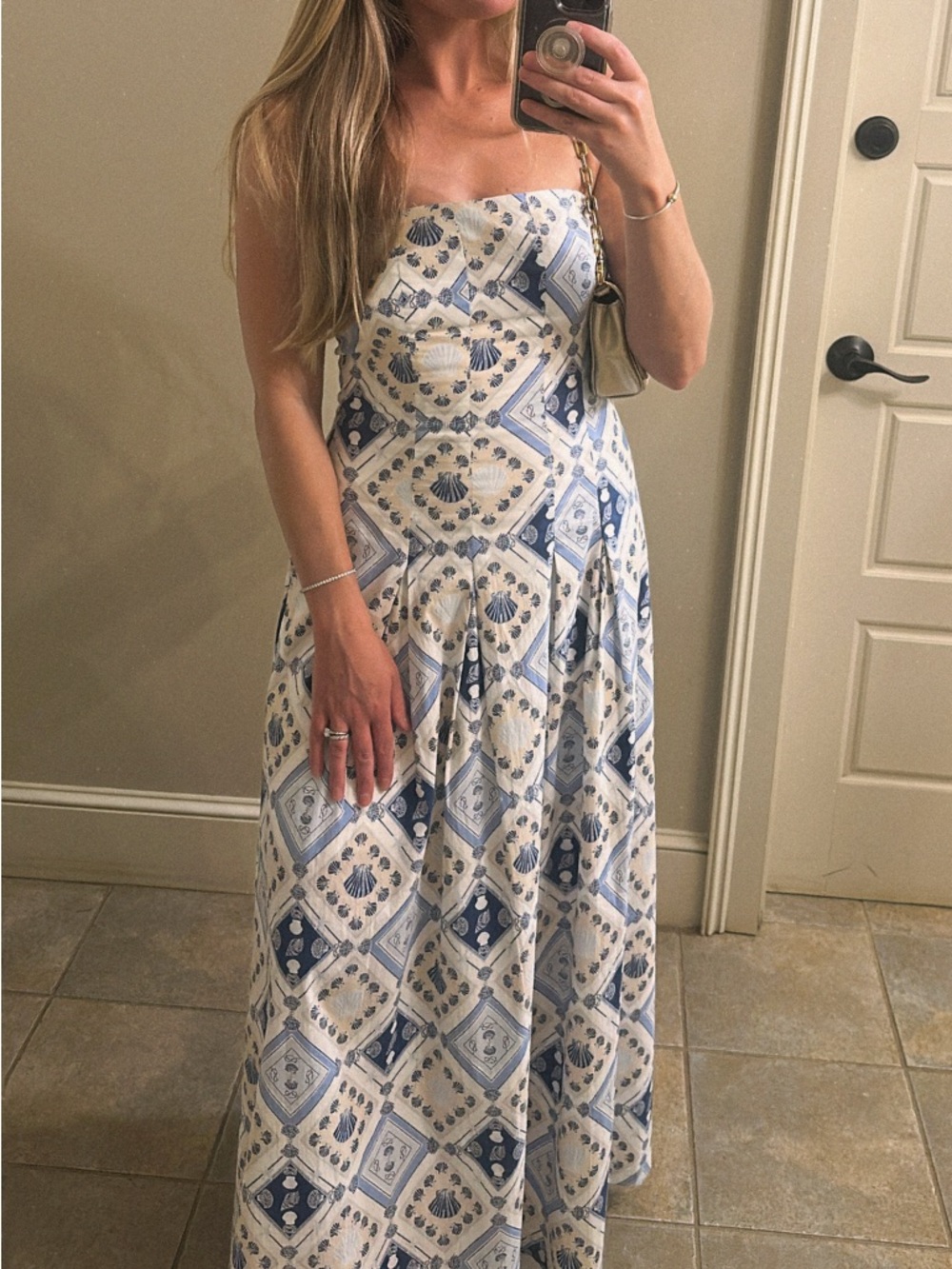 Seven7- Strapless Blue and White Printed Shell Maxi Dress